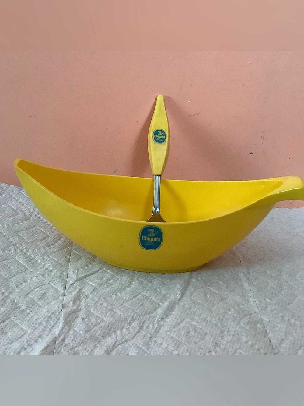 Vintage Chiquita Banana Boat Bowl & Matching Spoon Yellow Plastic 9.5”